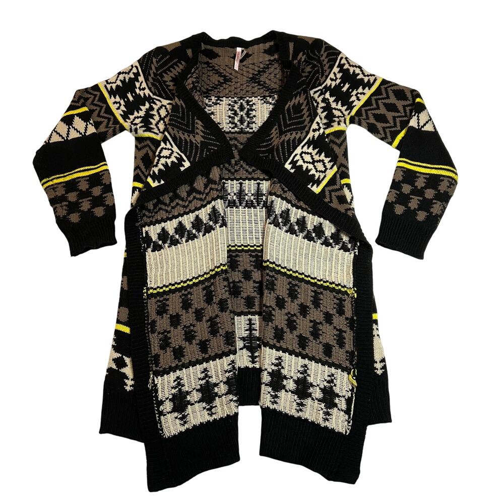 Ekklesia Open Front Knit Geometric Print Cardigan Size M/L Long Line Cozy Cotton